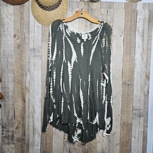 Knox Rose Green Tie Dye Soft Rib Knit Boho Top Long Sleeves V-Neck Size Large